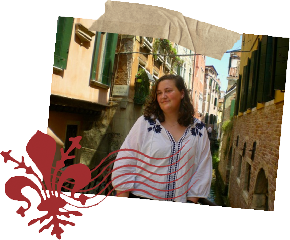 A photo of me in Venice with the river behind me. I am smiling off into the distance and there is a stamp of the florentine symbol on top of the photo.