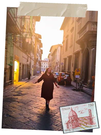 A slightly blurry photo of me walking down an adjacent street to mine with the sun setting behind me. There is a vintage Florence stamp in the corner of the image.