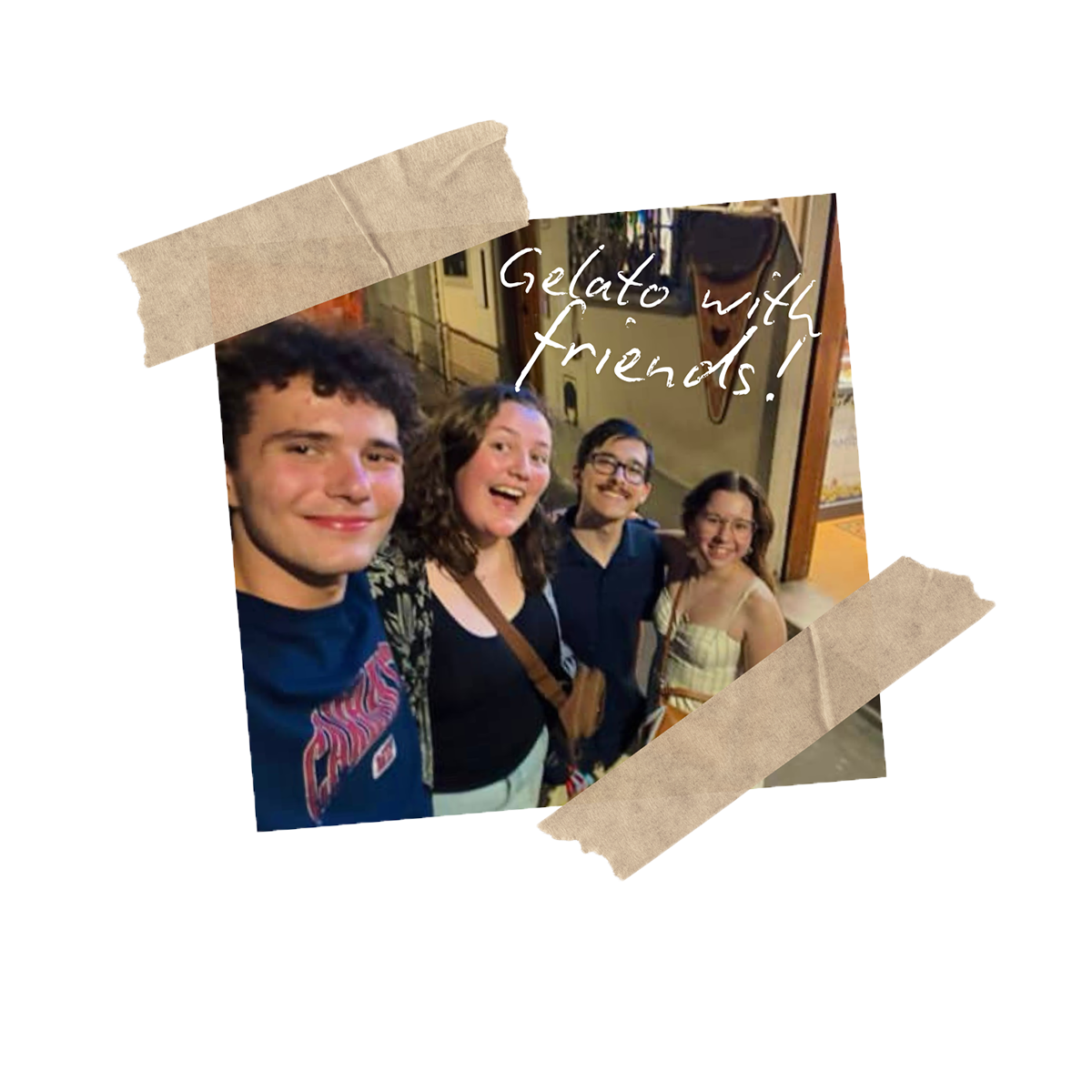 A photo of me with 3 of my friends in Florence with our arms around eachother after having some delicious gelato