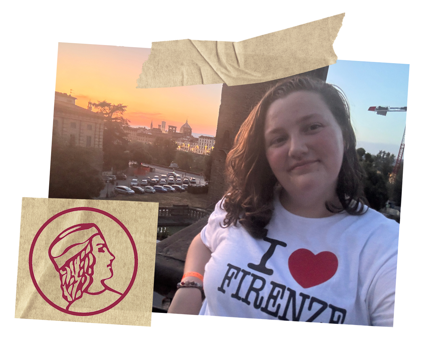 A photo of me at sunset with the Florence duomo in the background. It is my last day in Italy before I go home. The Lorenzo de Medici logo is stamped in the lower left.