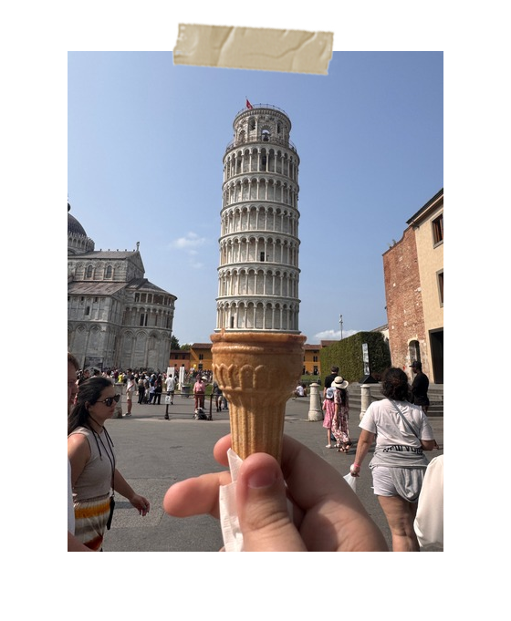 A photo holding up an ice cream cone to the tower of Pisa to make it look like the icecream.