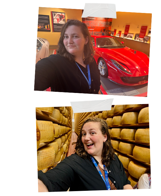 A photo of me in front of a red ferrari sports car at the ferrari museum, and a photo of me in front of hundreds of wheels of cheese at the parmesan factory.