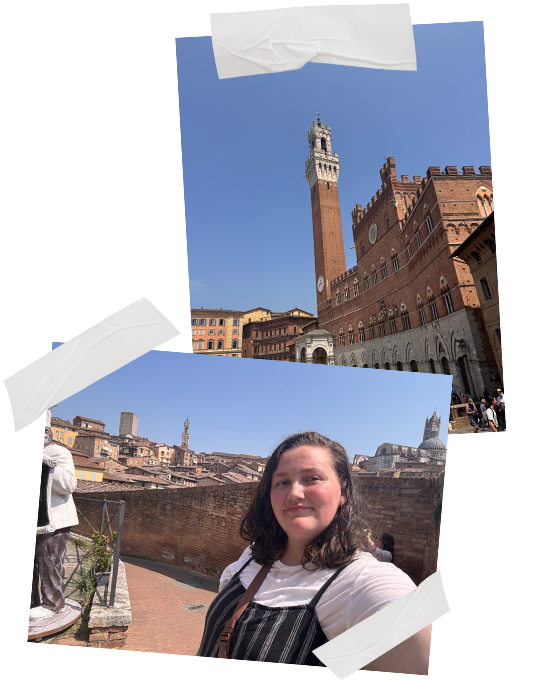 A photo of me with a view of the main part of Siena behind me. You can see a large tower and a castle in the back. Below it is a photo that I took of the big tower from up close.